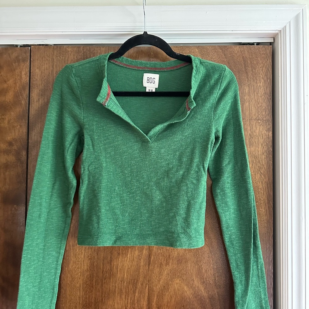 BDG Green Long Sleeve Polo Crop Top